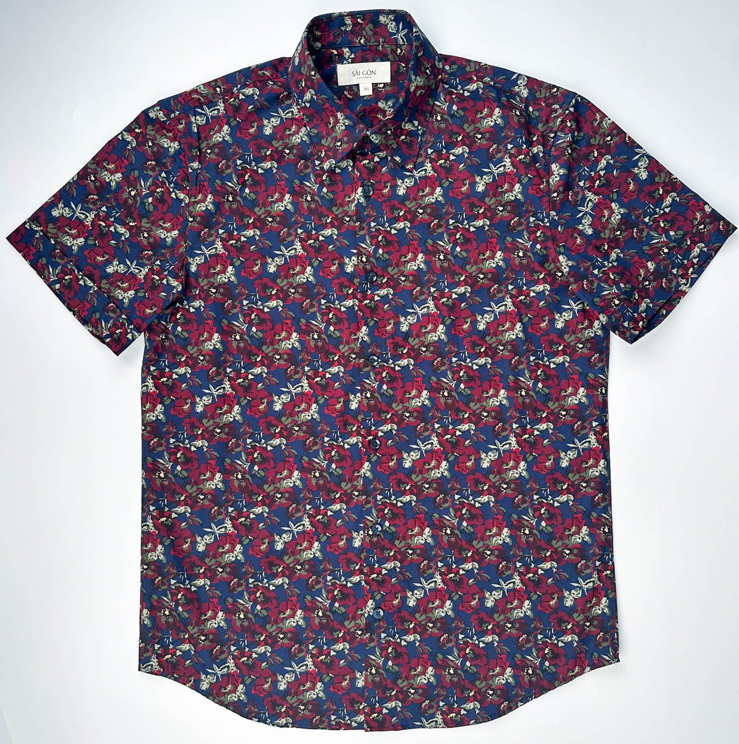 Wild Burgundy cotton short sleeve button-up shirt lay flat front view, burgundy floral print on navy blue.
