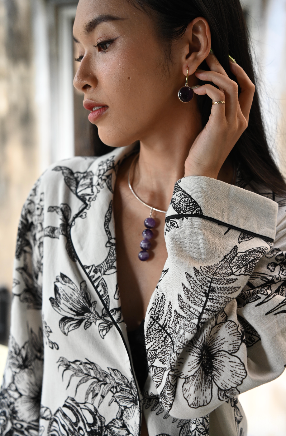 Botanical Noir Long Line Long-Sleeve Top - Linen-Cotton Super Soft