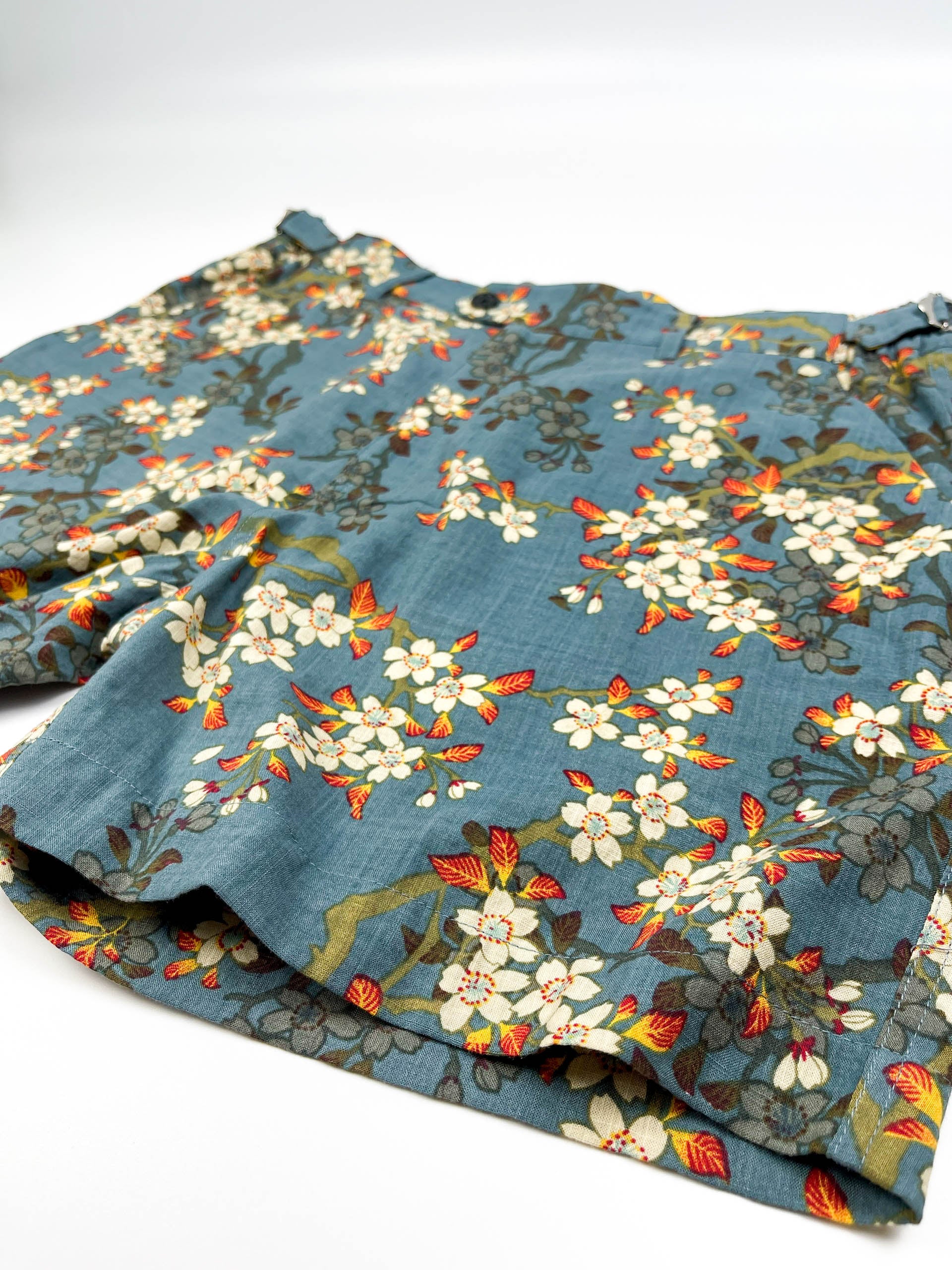Teal Blue Blossom - Linen-Cotton Cabana Shorts