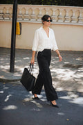 Pleated V-Neck Long Sleeve Shirt – White Linen Mix