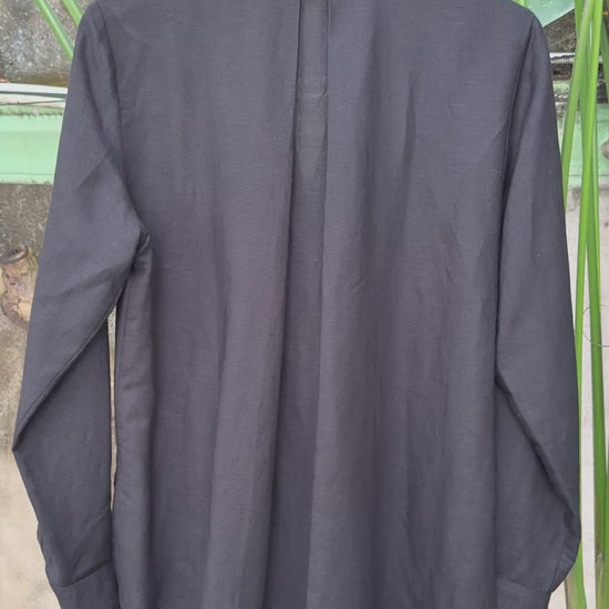 Video of Saigon Concepts Black Linen Cotton Long Sleeve Blouse with plunging vneck - full back view