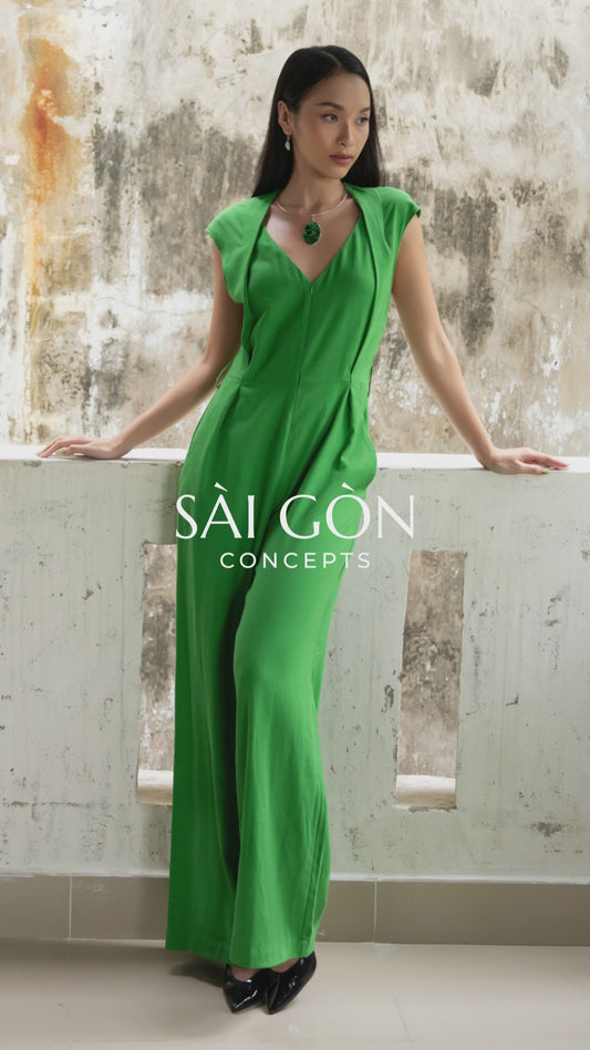 Green - Linen-Cotton - Cap Sleeve Wide-Leg Jumpsuit