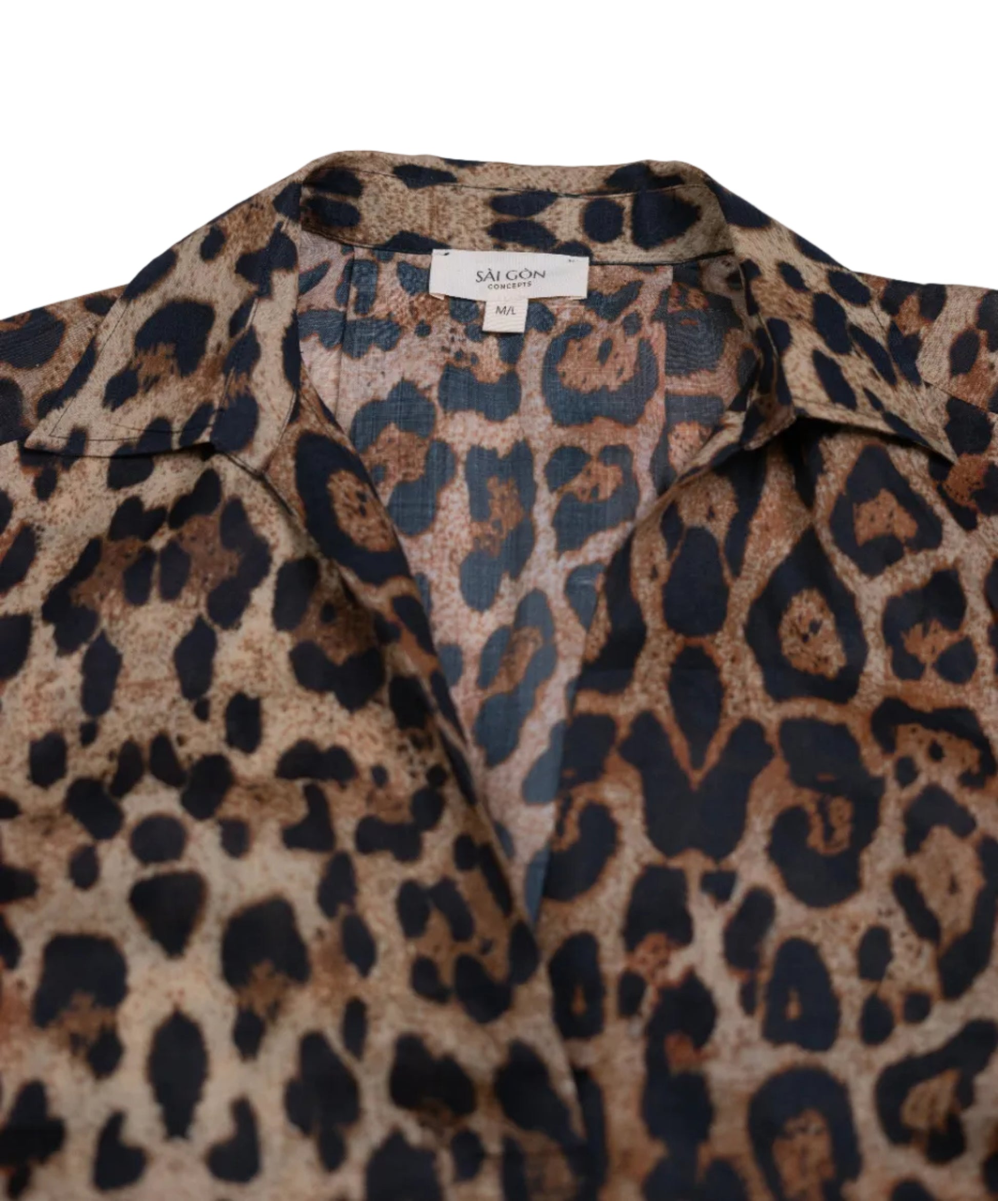 Saigon Concepts Leopard Print Vneck pleated long sleeve top - neck detail view