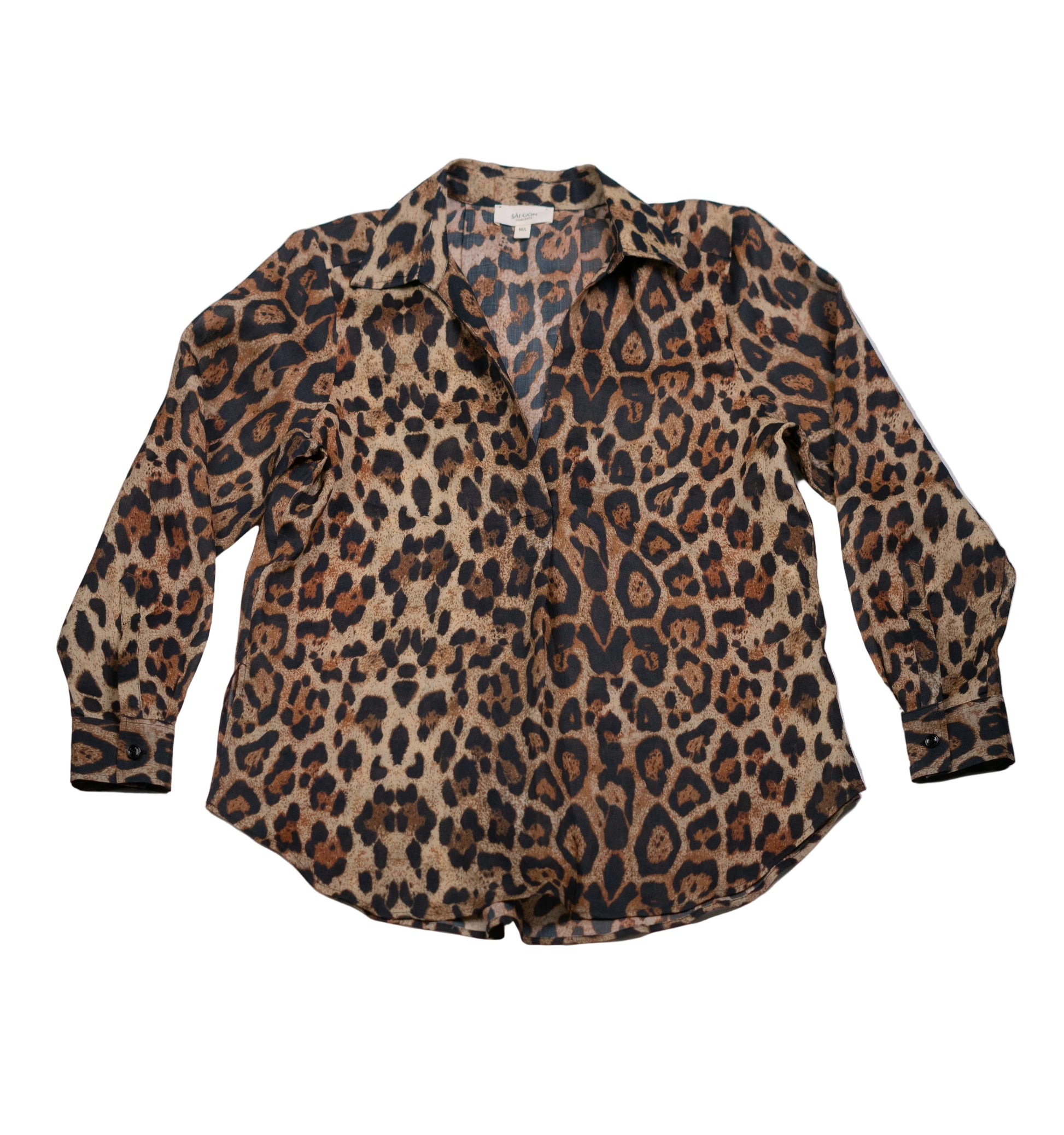 Saigon Concepts Leopard Print Vneck pleated long sleeve top - full front view detail