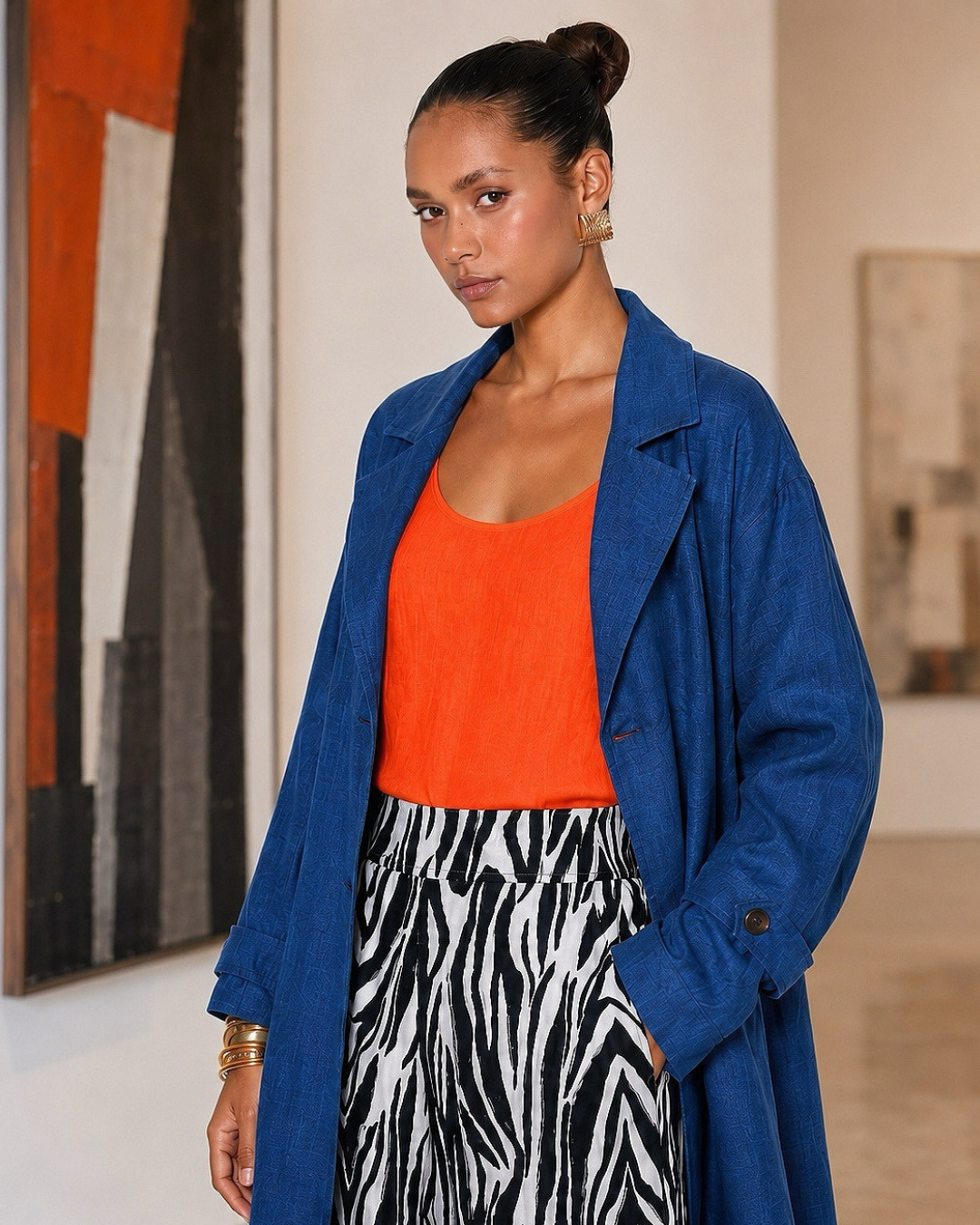 Woman wearing a blue coat, orange top, and zebra print pants in an art gallery.