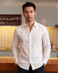 Man wearing the Ivoire white long sleeve 100% cotton seersucker shirt, front view – Saigon Concepts