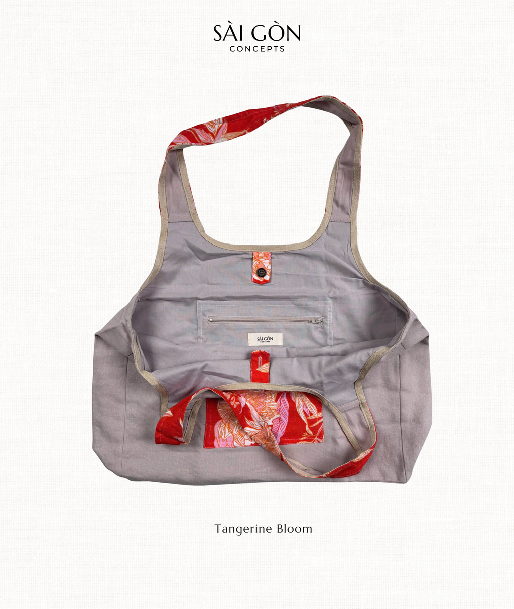 Tangerine Bloom - Natural Linen Beach Tote Bag