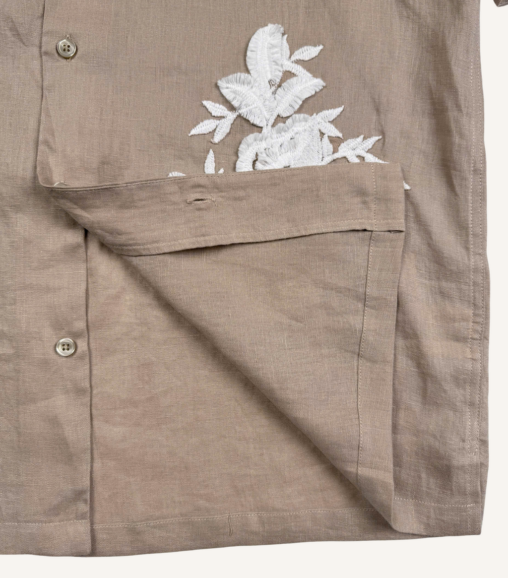 Taupe Lace - Linen Hawaiian Shirt with Lace Appliqué