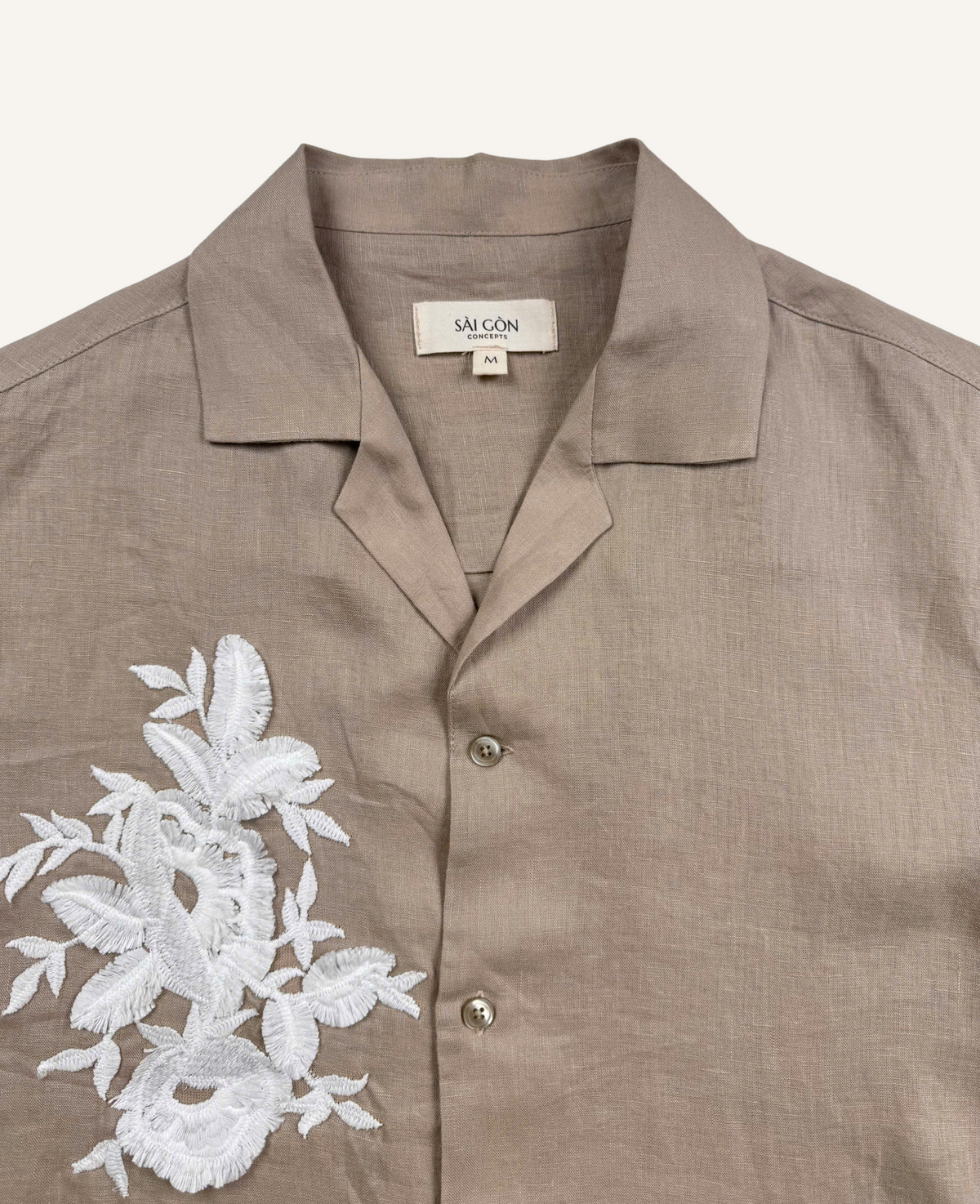 Taupe Lace - Linen Hawaiian Shirt with Lace Appliqué
