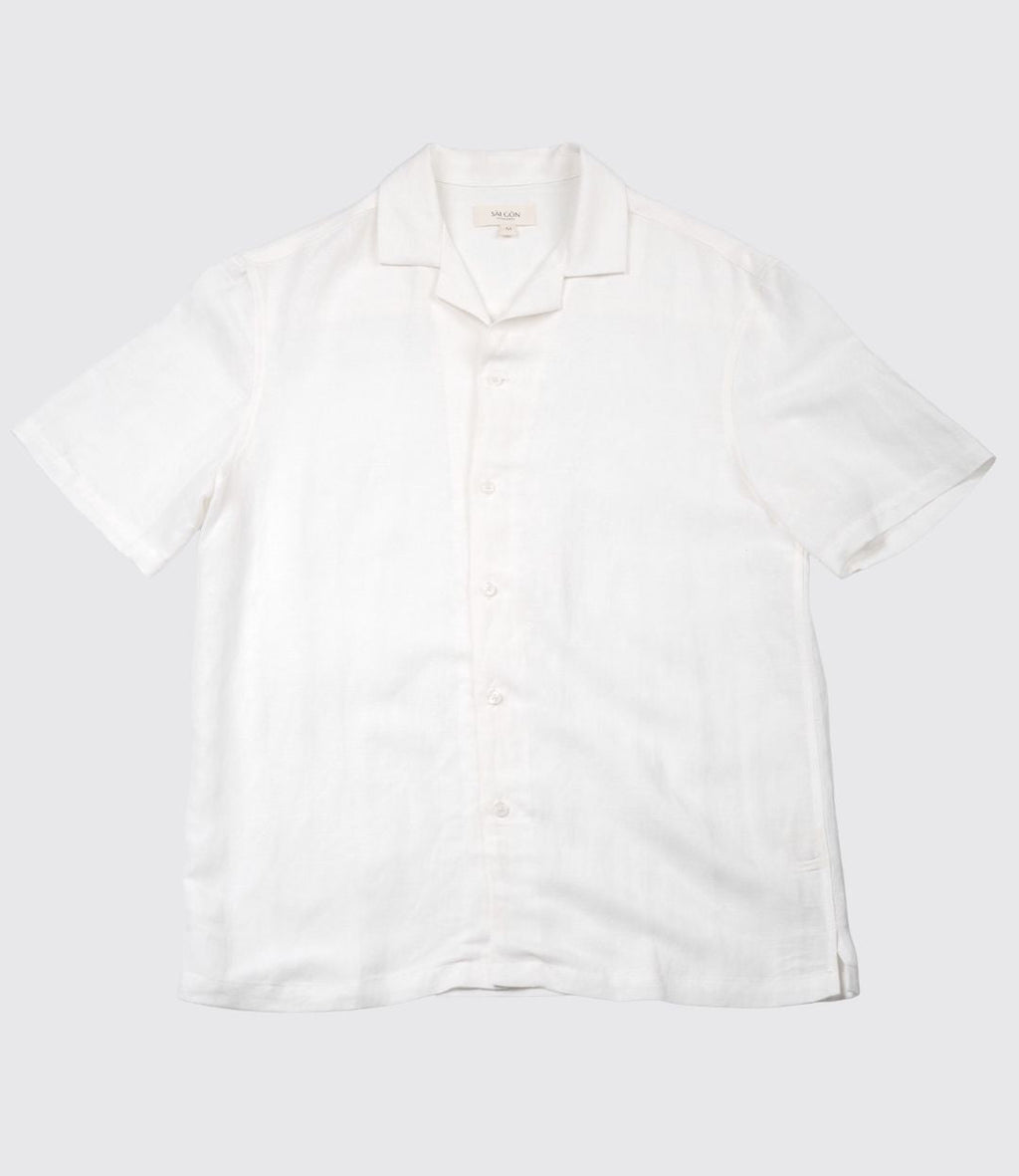 saigon concepts Hawaiian short sleeve aloha shirt 100% Linen shirt in natural white - front lay flat view
