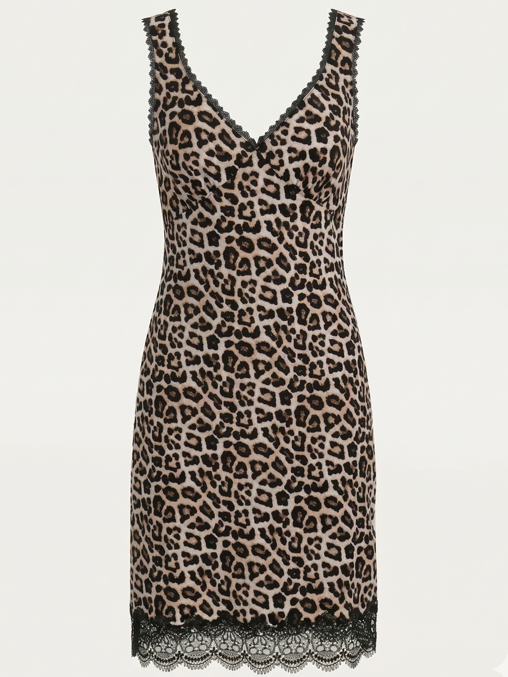 Saigon Concepts Leopard print dress with lace trim on a white background