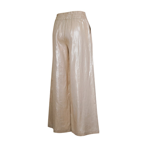 Ghost-mannequin back angle view of champagne metallic wide-leg pants