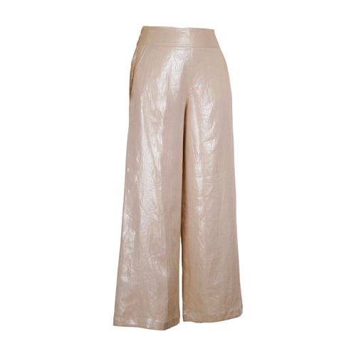 Ghost-mannequin front view of champagne metallic wide-leg pants