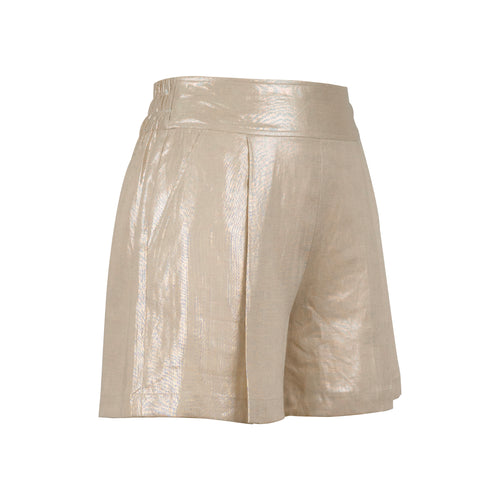 Ghost-mannequin front view of champagne metallic shorts
