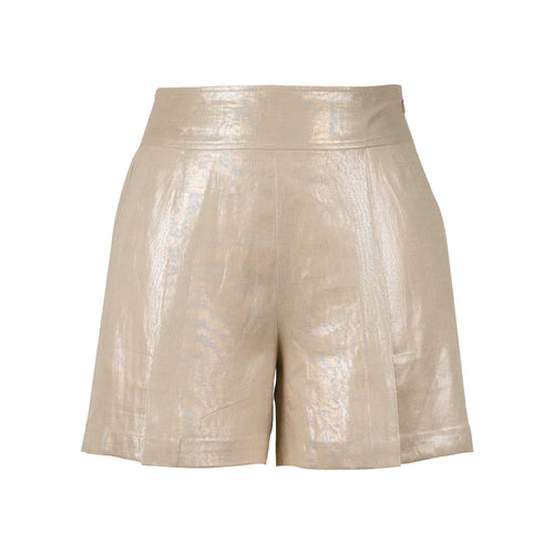 Ghost-mannequin front view of champagne metallic shorts