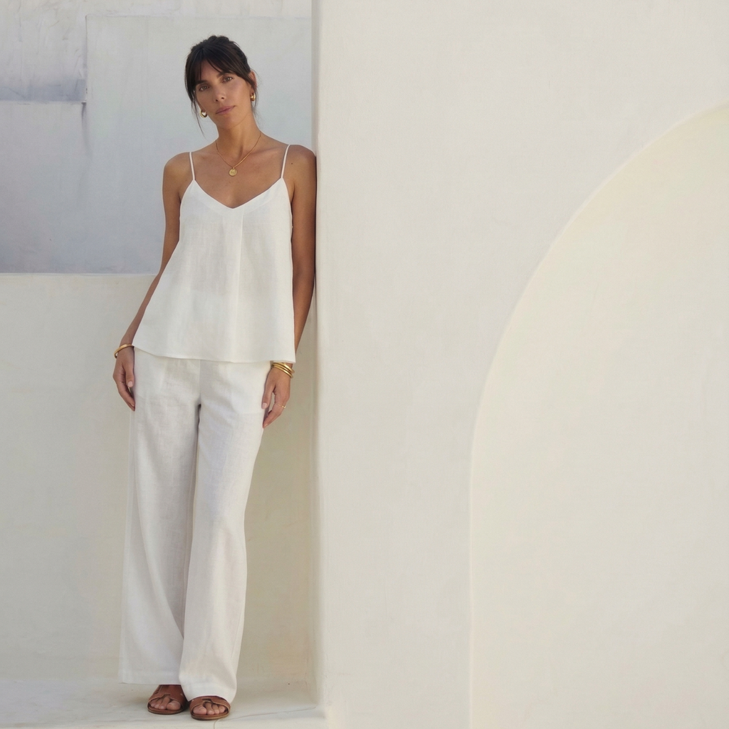 White - 100% Linen - Pleated Cami Top