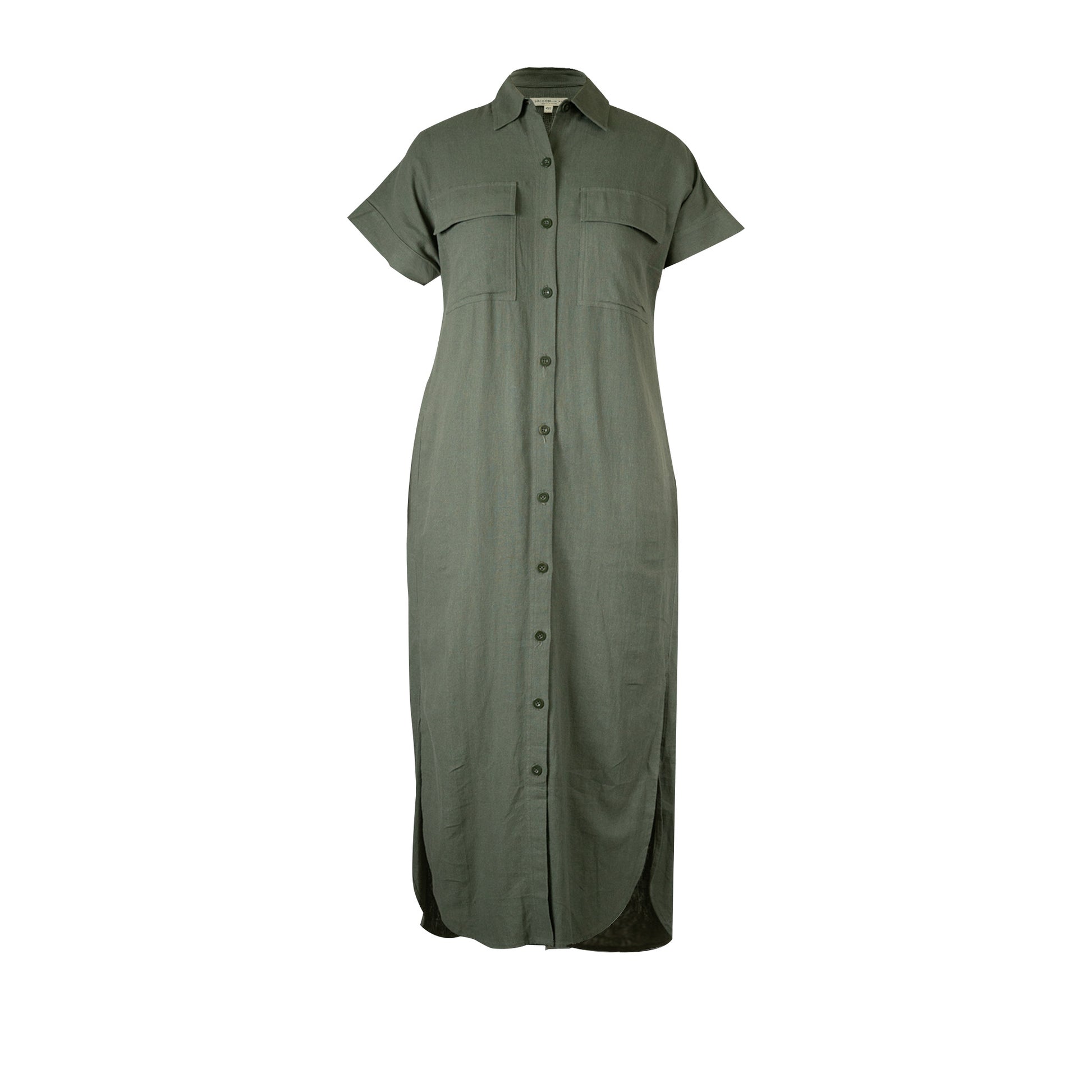 Saigon Concepts Army Green linen maxi shirt dress - full front 3D maniquin view