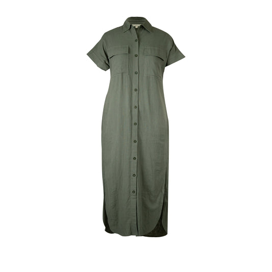 Saigon Concepts Army Green linen maxi shirt dress - full front 3D maniquin view
