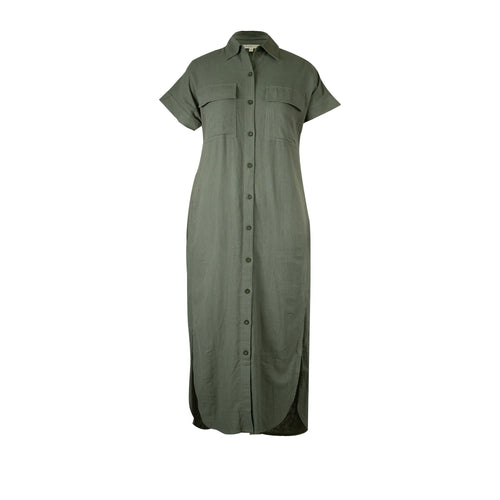 Army Green - 100% Linen Maxi Shirt Dress