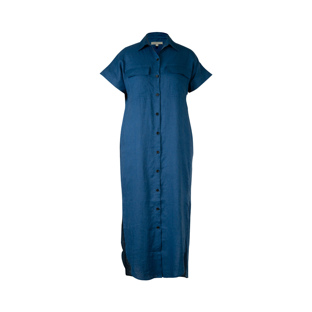 Mid Blue - 100% Linen Maxi Shirt Dress